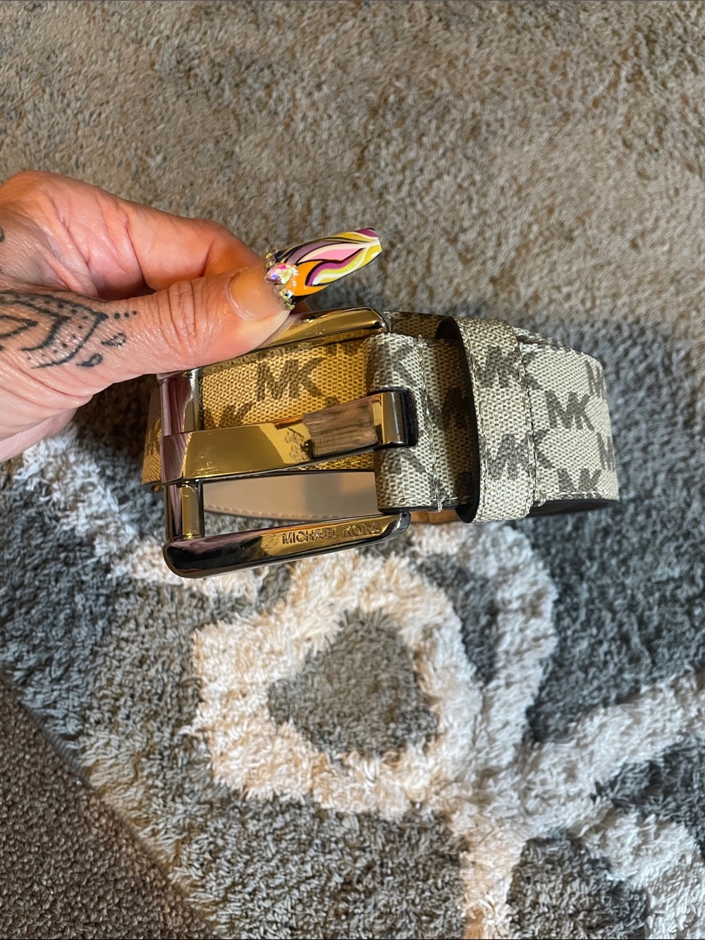Michael Kors Beige/Tan Monogram Canvas Belt with Gold Buckle